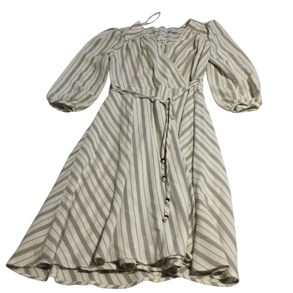 Calvin Klein Striped Midi Dress Belted Long Sleeve Gray Size 6 Women - Picture 1 of 6